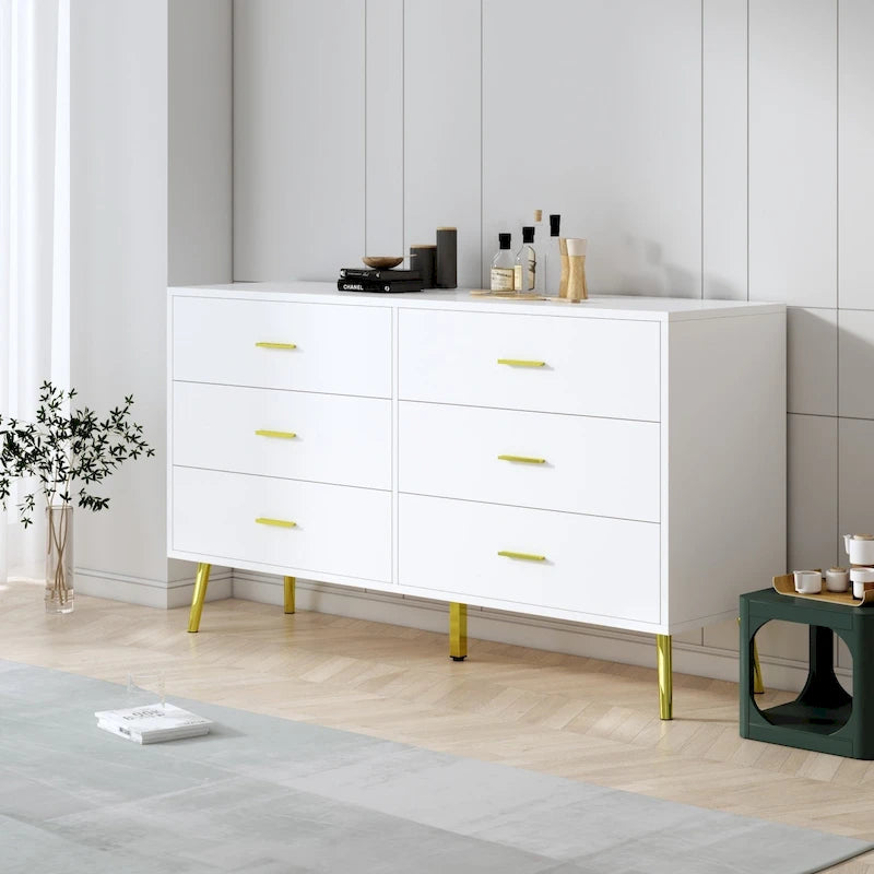 6-Drawer Wide Storage Dresser Chest with Gold Metal Handles Dark Brown White