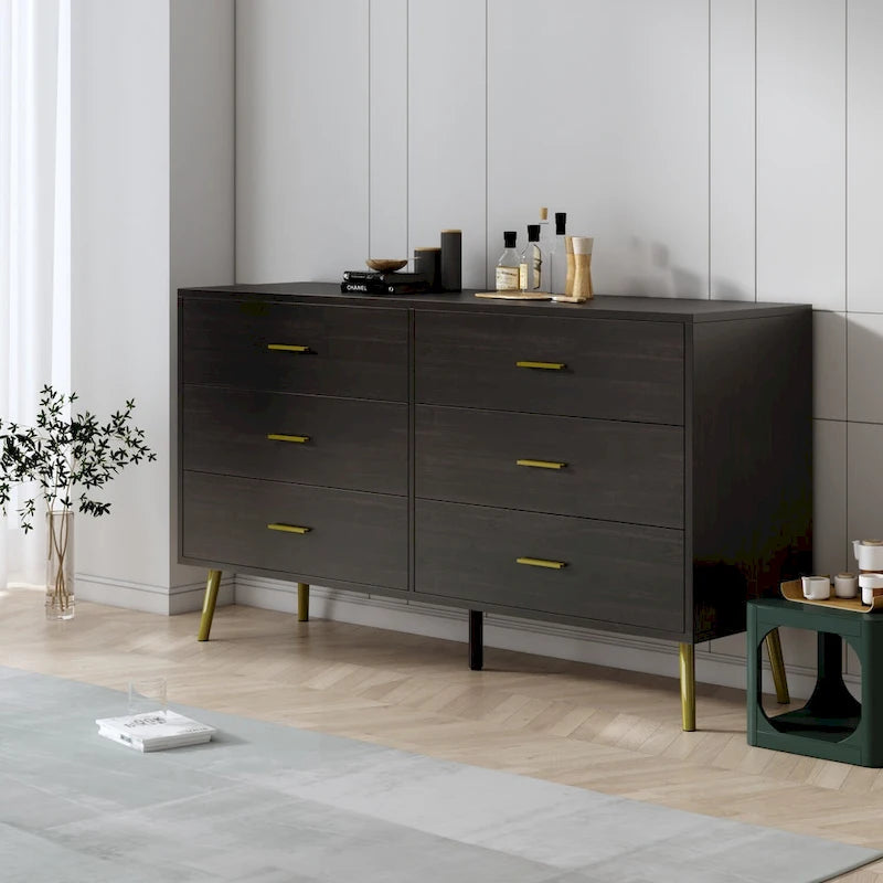 6-Drawer Wide Storage Dresser Chest with Gold Metal Handles Dark Brown White