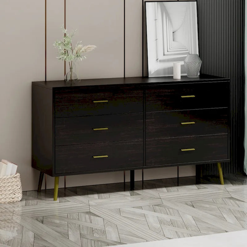 6-Drawer Wide Storage Dresser Chest with Gold Metal Handles Dark Brown White