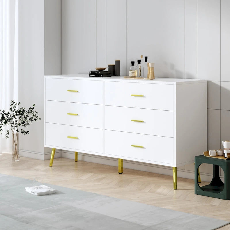 6-Drawer Wide Storage Dresser Chest with Gold Metal Handles Dark Brown White