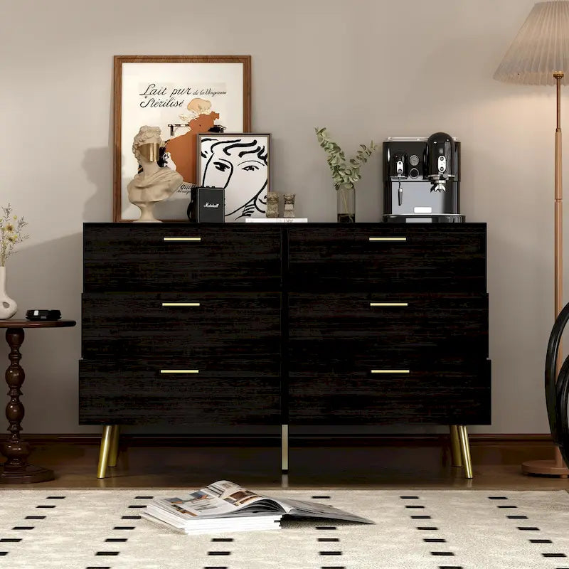 6-Drawer Wide Storage Dresser Chest with Gold Metal Handles Dark Brown White