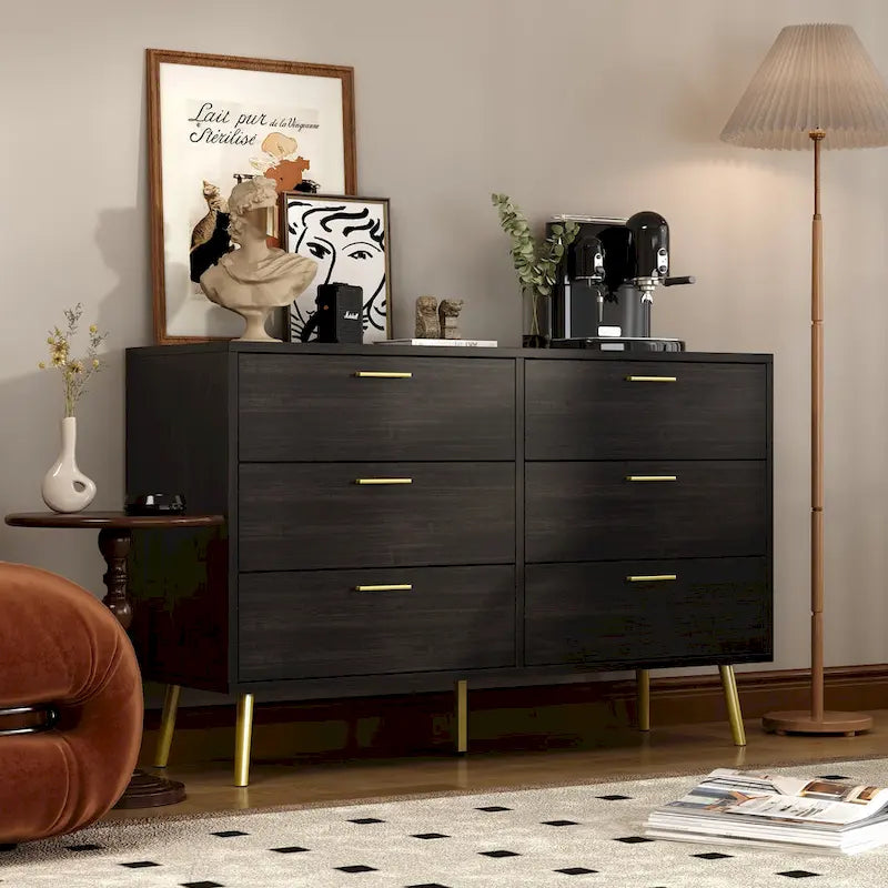6-Drawer Wide Storage Dresser Chest with Gold Metal Handles Dark Brown White