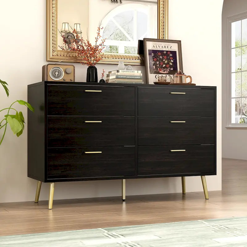6-Drawer Wide Storage Dresser Chest with Gold Metal Handles Dark Brown White