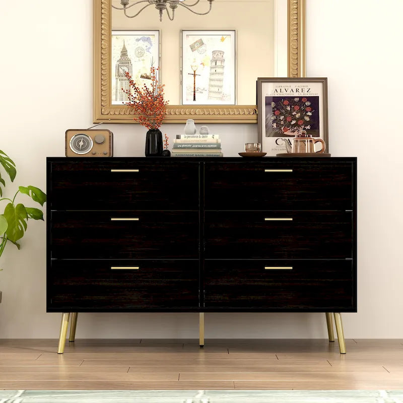 6-Drawer Wide Storage Dresser Chest with Gold Metal Handles Dark Brown White