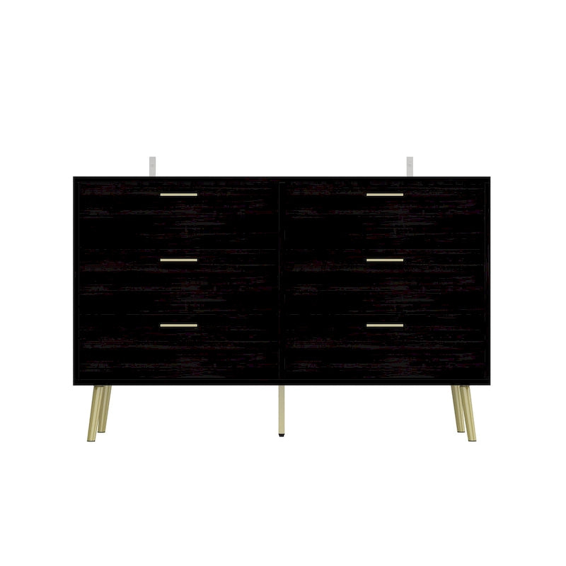 6-Drawer Wide Storage Dresser Chest with Gold Metal Handles Dark Brown White