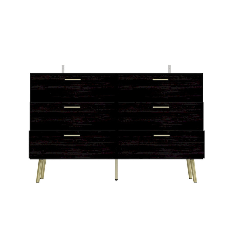6-Drawer Wide Storage Dresser Chest with Gold Metal Handles Dark Brown White