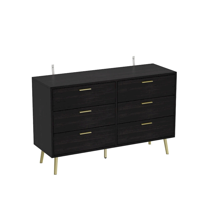 6-Drawer Wide Storage Dresser Chest with Gold Metal Handles Dark Brown White