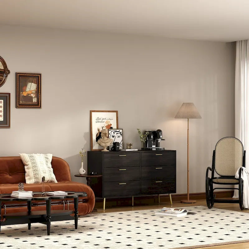 6-Drawer Wide Storage Dresser Chest with Gold Metal Handles Dark Brown White