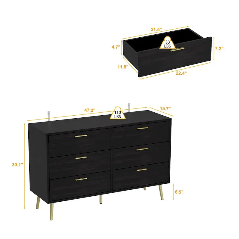 6-Drawer Wide Storage Dresser Chest with Gold Metal Handles Dark Brown White