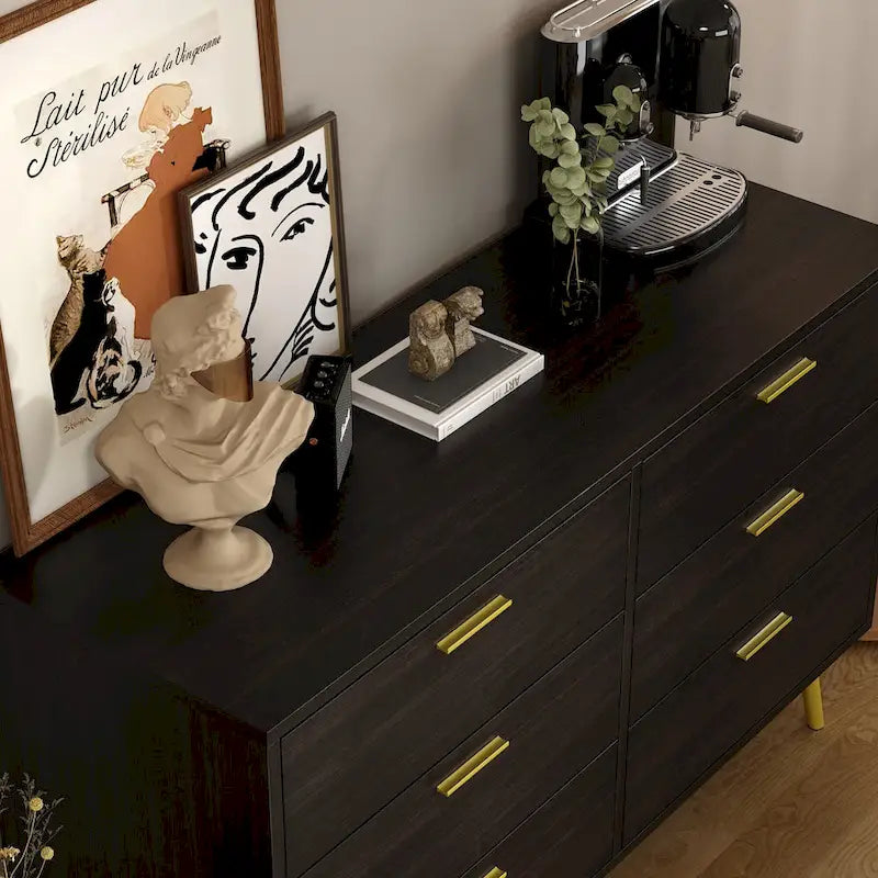 6-Drawer Wide Storage Dresser Chest with Gold Metal Handles Dark Brown White