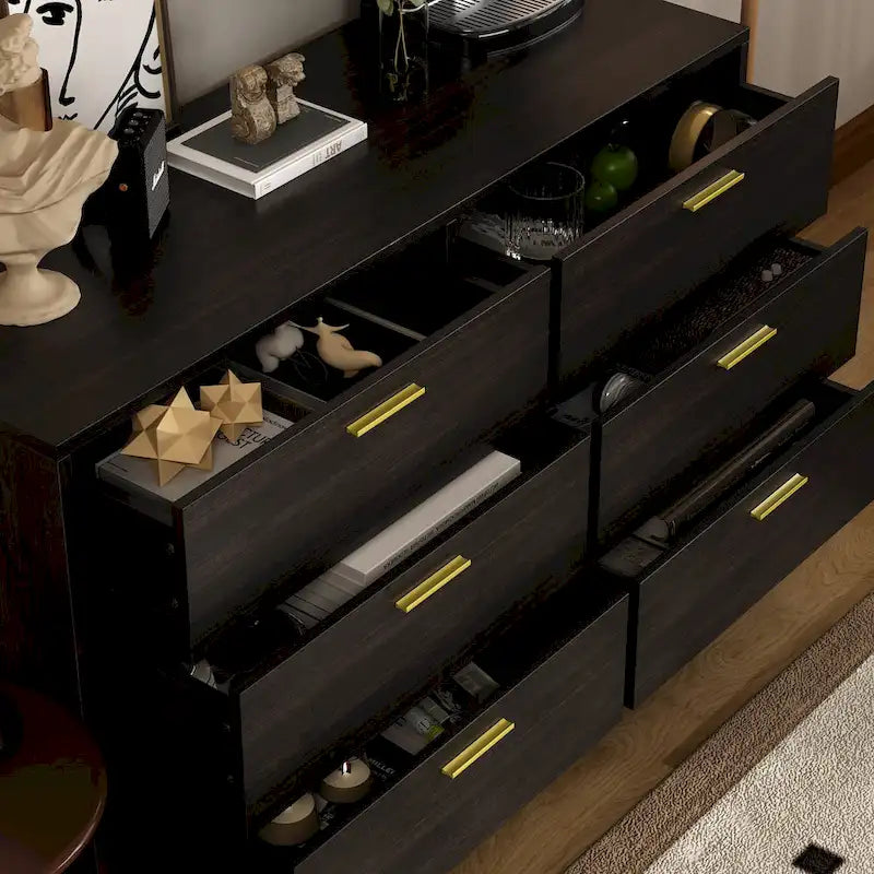6-Drawer Wide Storage Dresser Chest with Gold Metal Handles Dark Brown White