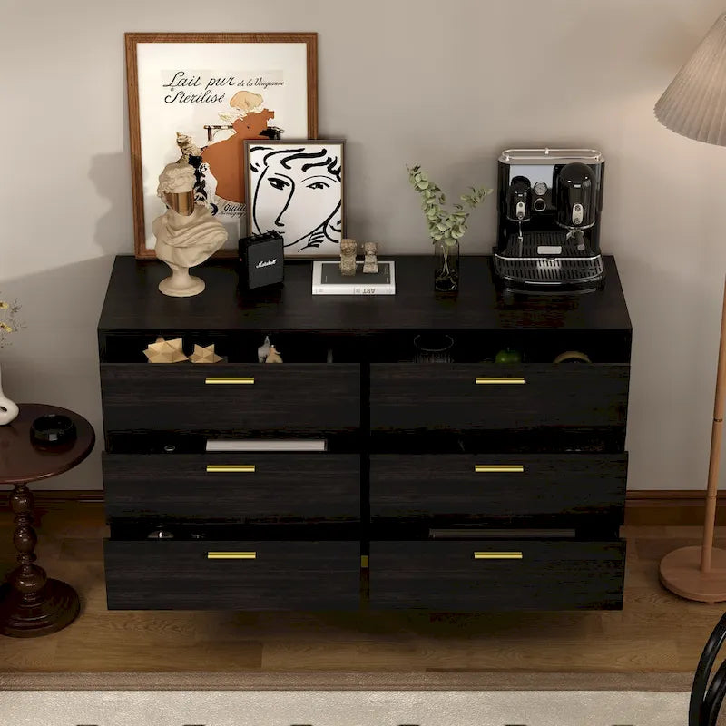 6-Drawer Wide Storage Dresser Chest with Gold Metal Handles Dark Brown White