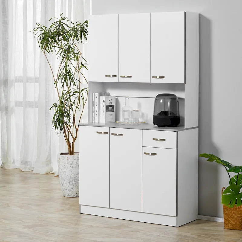 Freestanding Kitchen Buffet Hutch Cupboard with 6 Doors 3 Shelves Drawer White Grey