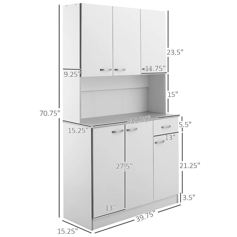 Freestanding Kitchen Buffet Hutch Cupboard with 6 Doors 3 Shelves Drawer White Grey