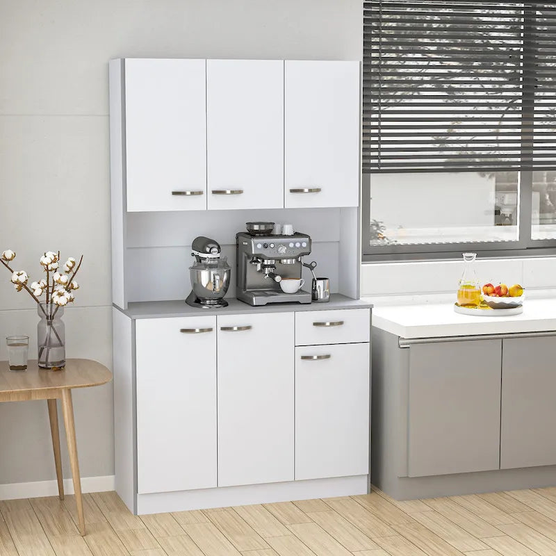 Freestanding Kitchen Buffet Hutch Cupboard with 6 Doors 3 Shelves Drawer White Grey