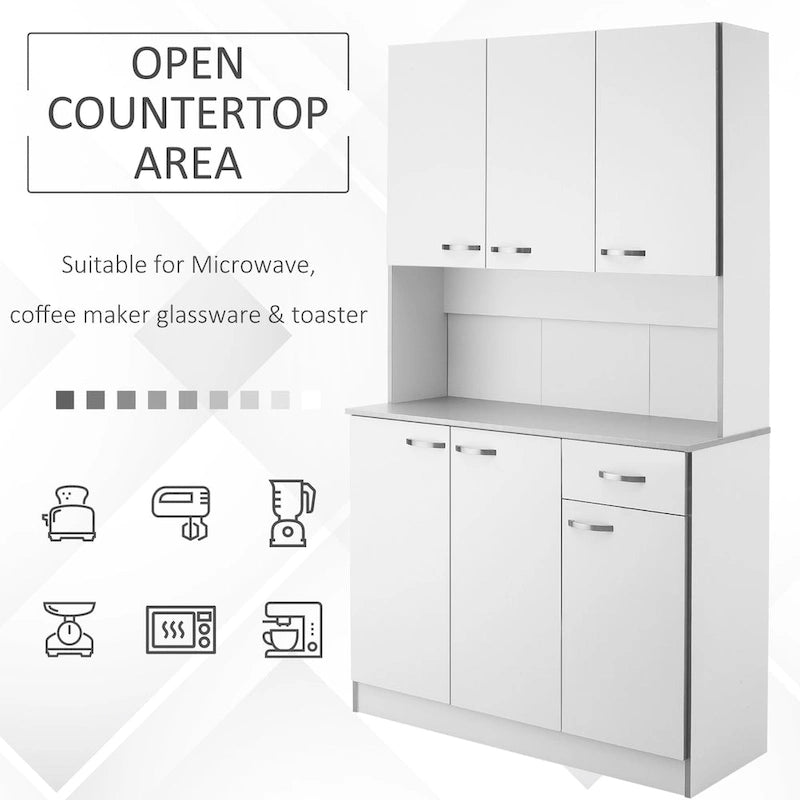 Freestanding Kitchen Buffet Hutch Cupboard with 6 Doors 3 Shelves Drawer White Grey