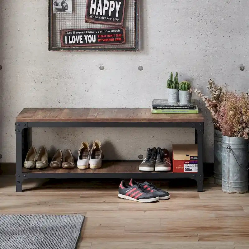 Rustic Reclaimed Oak Wood Metal Mesh Shoe Storage Entryway Bench