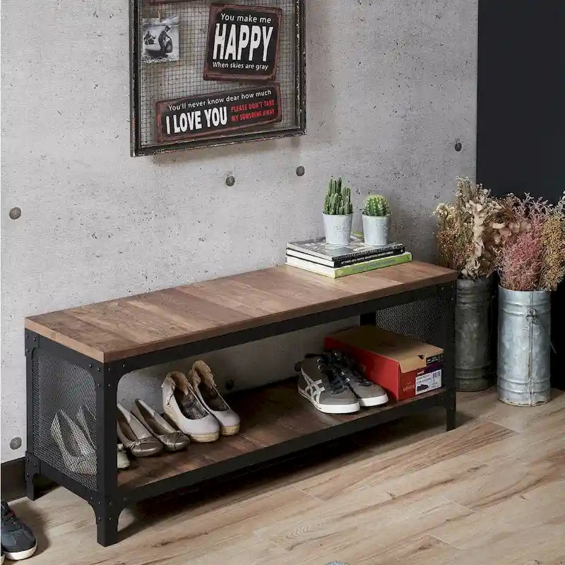 Rustic Reclaimed Oak Wood Metal Mesh Shoe Storage Entryway Bench