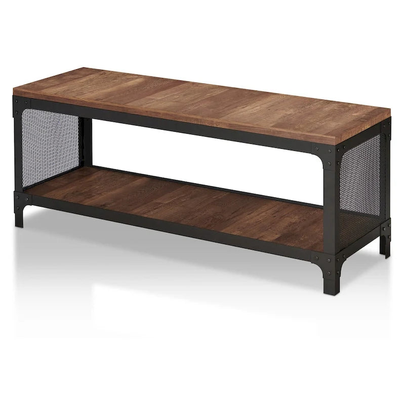 Rustic Reclaimed Oak Wood Metal Mesh Shoe Storage Entryway Bench