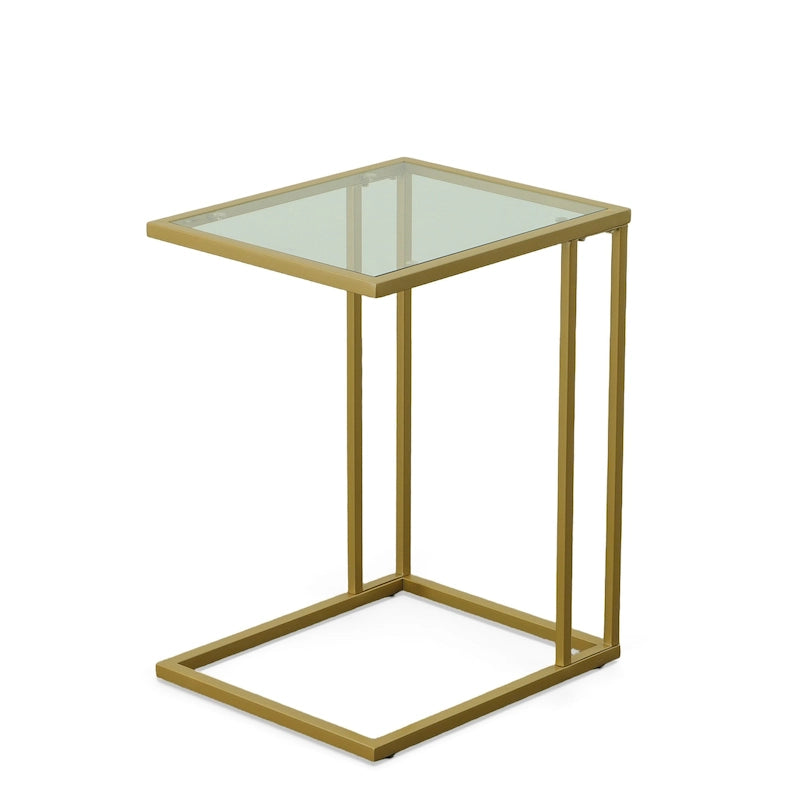 Modern Tempered Glass Top C-Shaped Side Table Gold Chrome Metal Frame