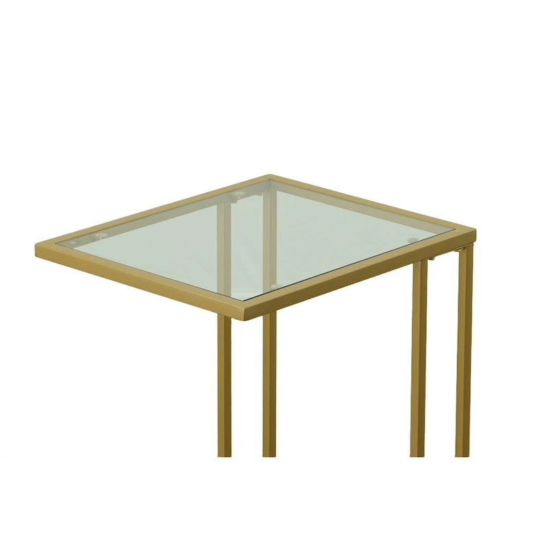 Modern Tempered Glass Top C-Shaped Side Table Gold Chrome Metal Frame