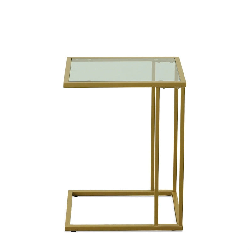 Modern Tempered Glass Top C-Shaped Side Table Gold Chrome Metal Frame