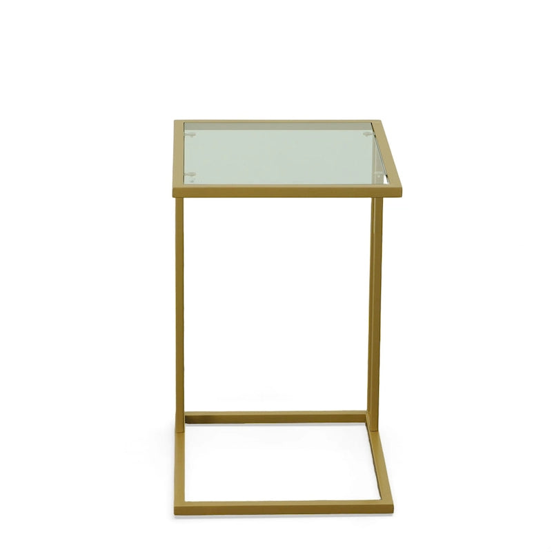 Modern Tempered Glass Top C-Shaped Side Table Gold Chrome Metal Frame