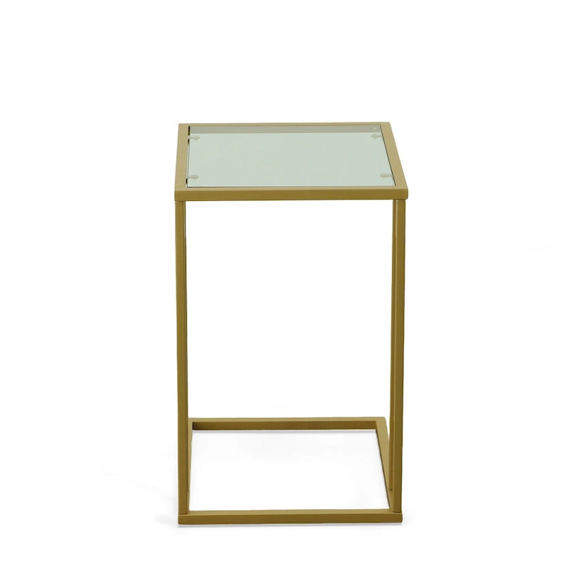 Modern Tempered Glass Top C-Shaped Side Table Gold Chrome Metal Frame
