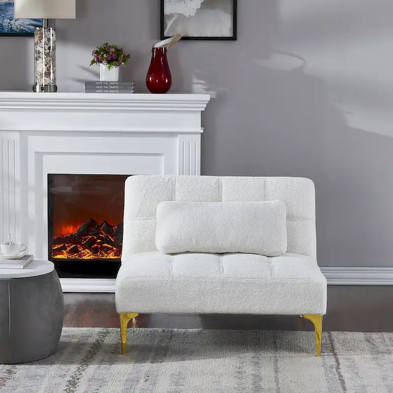 Teddy Fabric Armless Accent Chair with Gold Metal Legs and Toss Pillow