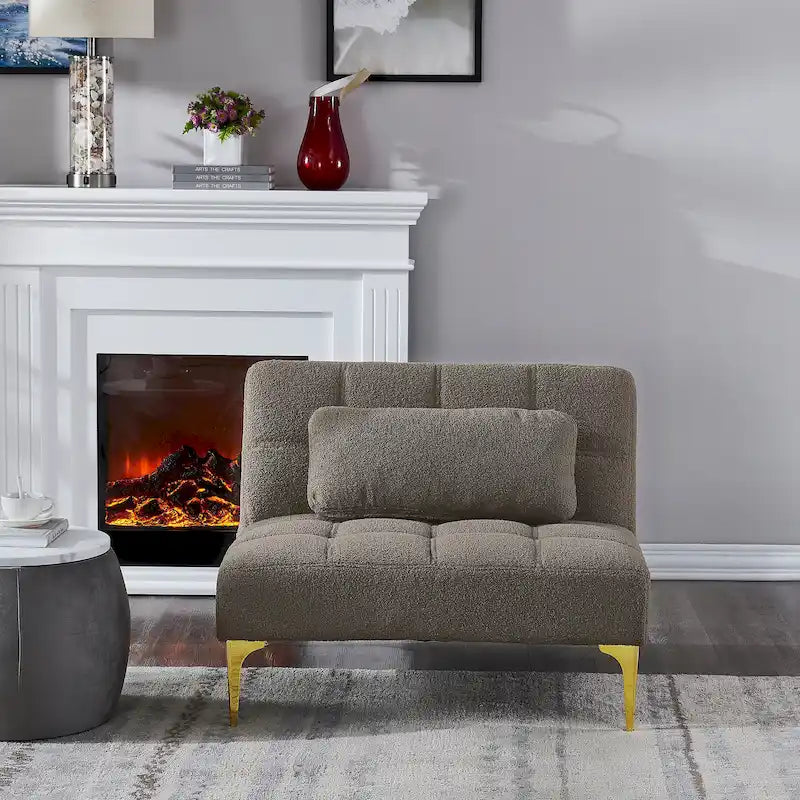 Teddy Fabric Armless Accent Chair with Gold Metal Legs and Toss Pillow