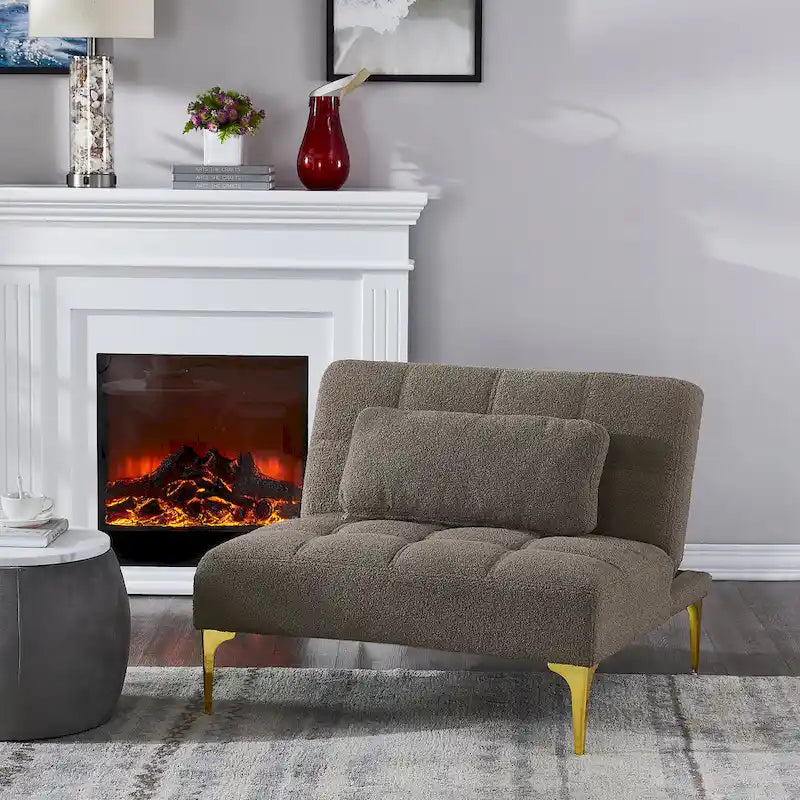 Teddy Fabric Armless Accent Chair with Gold Metal Legs and Toss Pillow