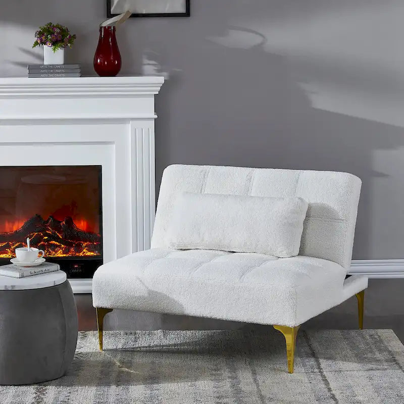Teddy Fabric Armless Accent Chair with Gold Metal Legs and Toss Pillow
