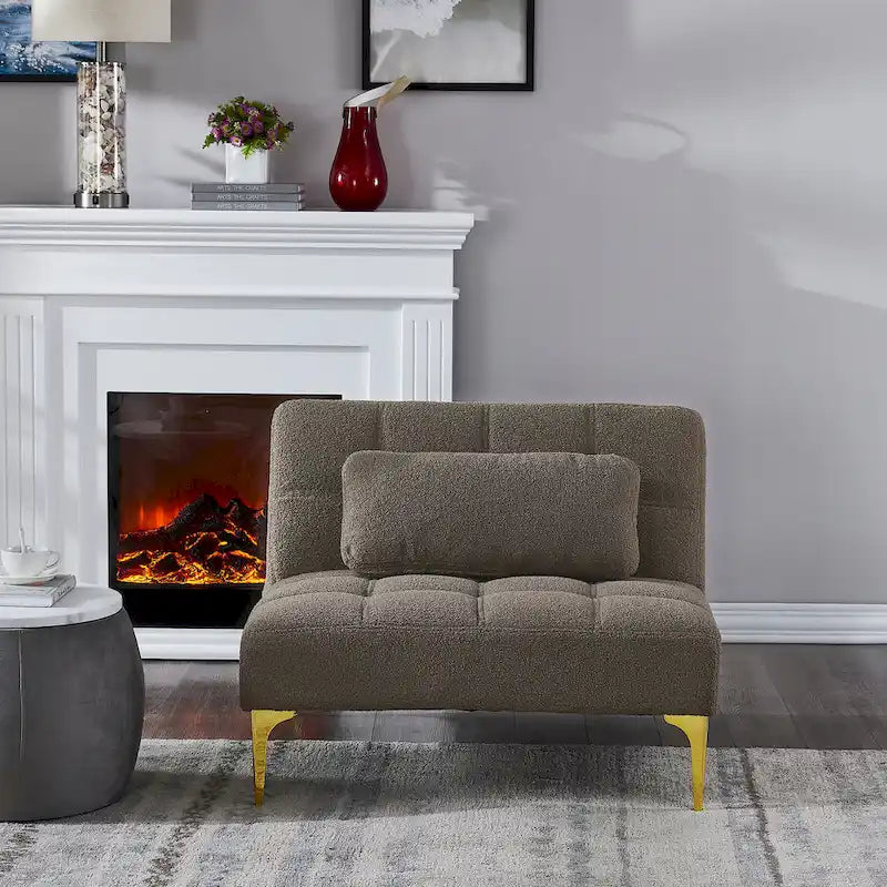 Teddy Fabric Armless Accent Chair with Gold Metal Legs and Toss Pillow
