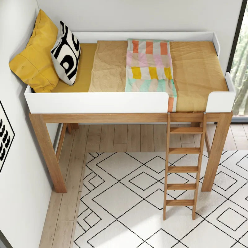 Mid-Century Modern Twin High Loft Bed White Walnut Solid Wood Kids Frame