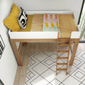 Mid-Century Modern Twin High Loft Bed White Walnut Solid Wood Kids Frame