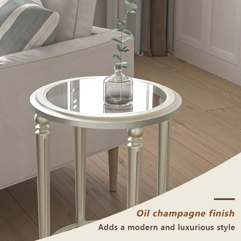 2-Tier Round Tempered Glass Side Table with Champagne Storage Shelf