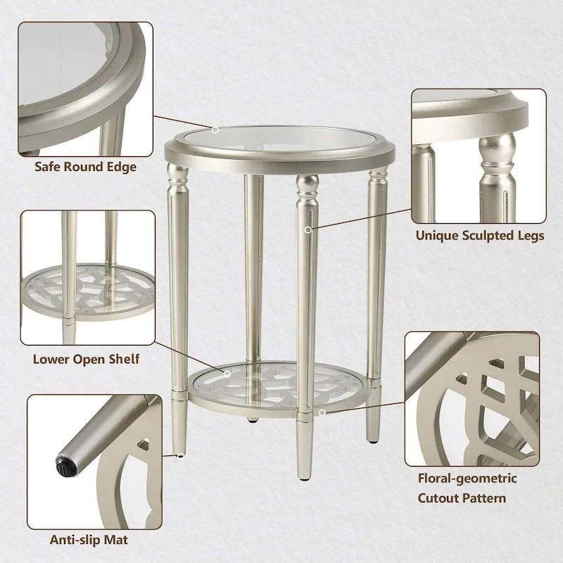 2-Tier Round Tempered Glass Side Table with Champagne Storage Shelf