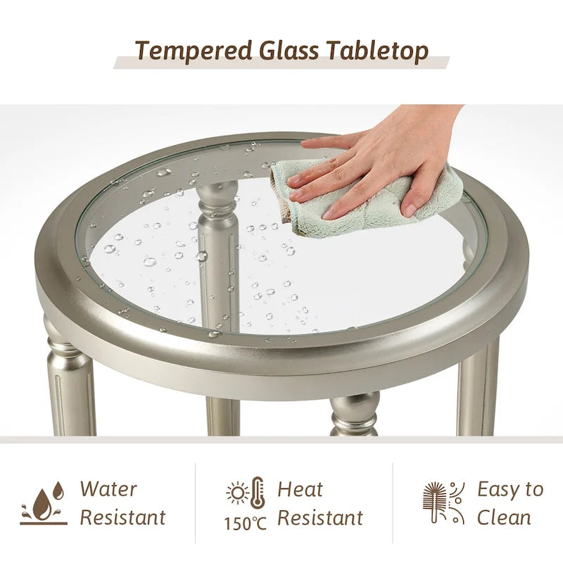 2-Tier Round Tempered Glass Side Table with Champagne Storage Shelf