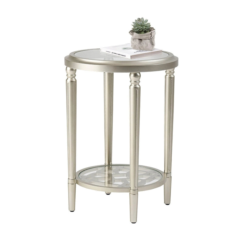 2-Tier Round Tempered Glass Side Table with Champagne Storage Shelf