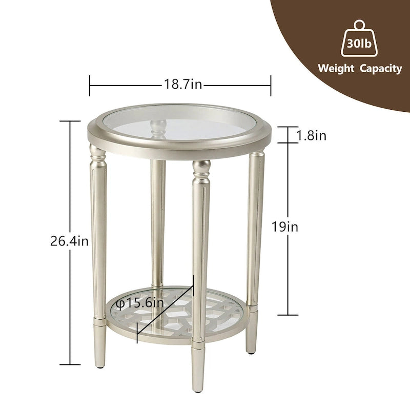 2-Tier Round Tempered Glass Side Table with Champagne Storage Shelf