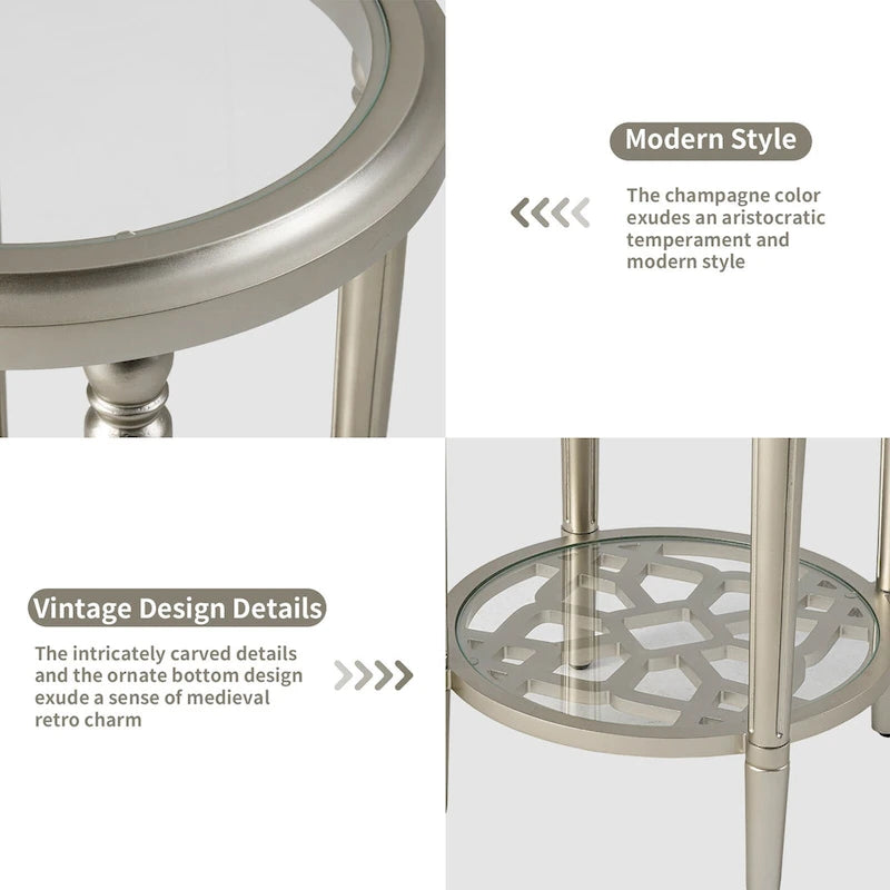 2-Tier Round Tempered Glass Side Table with Champagne Storage Shelf