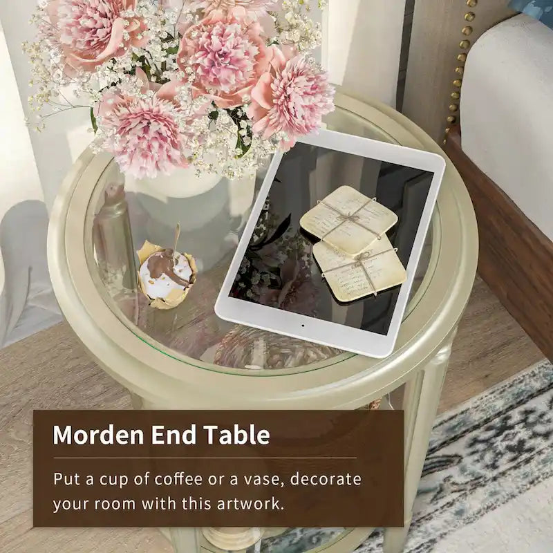 2-Tier Round Tempered Glass Side Table with Champagne Storage Shelf