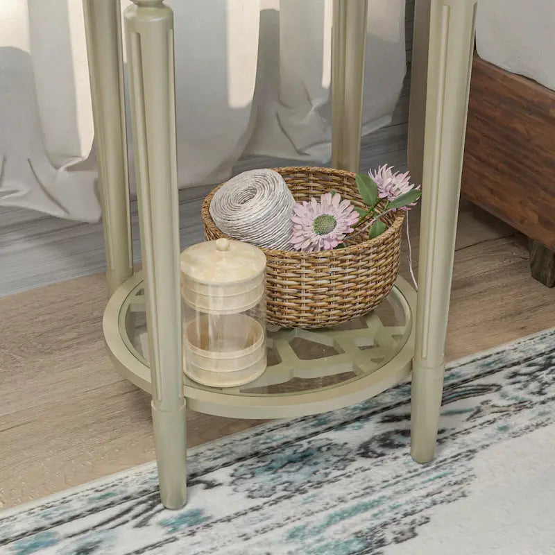 2-Tier Round Tempered Glass Side Table with Champagne Storage Shelf