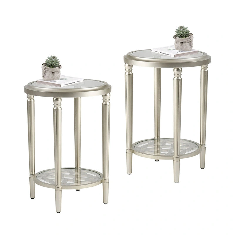 2-Tier Round Tempered Glass Side Table with Champagne Storage Shelf
