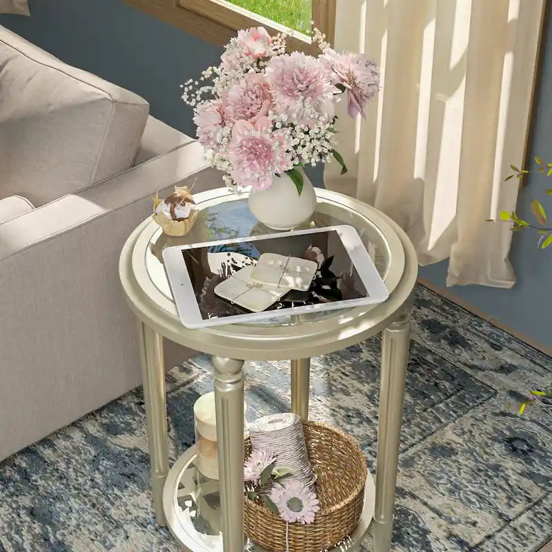 2-Tier Round Tempered Glass Side Table with Champagne Storage Shelf