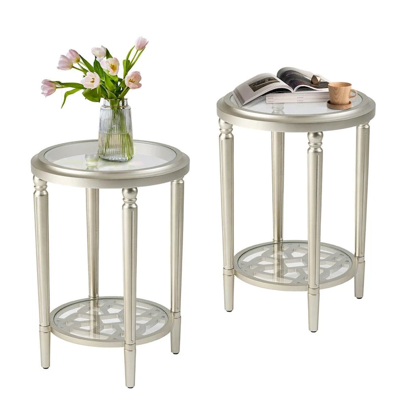 2-Tier Round Tempered Glass Side Table with Champagne Storage Shelf