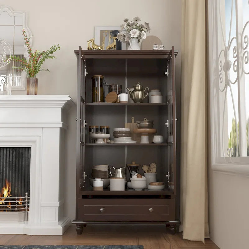 Tall Glass Door Display Cabinet with Shelves and Drawer