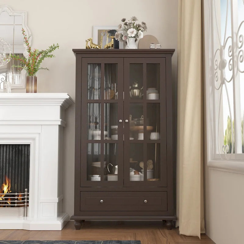 Tall Glass Door Display Cabinet with Shelves and Drawer