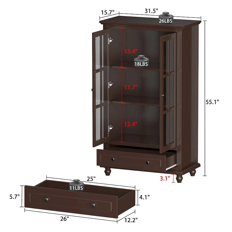 Tall Glass Door Display Cabinet with Shelves and Drawer