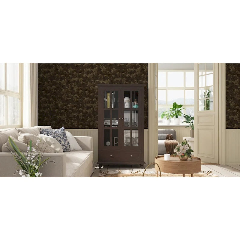 Tall Glass Door Display Cabinet with Shelves and Drawer